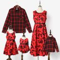 Family Matching All Over Floral Print Red Sleeveless Dresses and Long-sleeve Plaid Shirts Sets Red