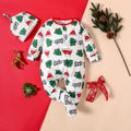 Christmas 100% Cotton 2pcs Baby Boy/Girl All Over Xmas Tree Print White Long-sleeve Footed Jumpsuit Set White