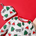Christmas 100% Cotton 2pcs Baby Boy/Girl All Over Xmas Tree Print White Long-sleeve Footed Jumpsuit Set White