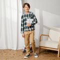 2-piece Kid Boy Plaid Hooded Long-sleeve Shirt and Khaki Pants Set Green