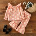 2-piece Toddler 100% Cotton Girl Floral Print Flounce Long-sleeve Top and Flared Pants Set Pink