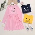 Kid Girl Animal Cat Print Solid Color Long-sleeve Dress Pink