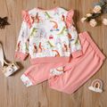2-piece Toddler Girl Animal Print Ruffled Colorblock Long-sleeve Top and Pants Casual Set Pink