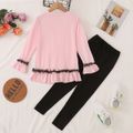 2-piece Kid Girl Cat Print Lace Ruffled Design Long-sleeve Pink Top and Paw Print Black Pants Set Pink