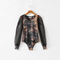 Tie Dye Ribbed Splicing Polka Dots Mesh Long-sleeve Bodysuit for Mom and Me Black