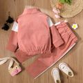 2-piece Toddler Girl Letter Print Zipper Stand Collar Colorblock Sweatshirt and Pants Set Dark Pink