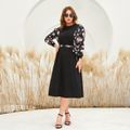 Women Plus Size  Casual Floral Print Round-collar Belted Long-sleeve Dress Black