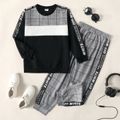 2-piece Kid Boy Letter Print Plaid Colorblock Pullover Sweatshirt and Elasticized Pants Casual Set Black