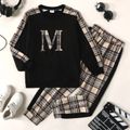 2-piece Kid Girl/Boy Letter Print Plaid Colorblock Pullover Sweatshirt and Pants Casual Set Black