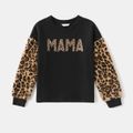 Letter Print Black Fleece Lined Splicing Fuzzy Leopard Long-sleeve Sweatshirts for Mom and Me Black