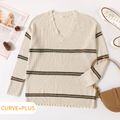 Women Plus Size Casual Stripe Distressed Hem Ribbed Knit Sweater White
