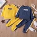 100% Cotton 2pcs Letter Print Color Block Long-sleeve Pullover and Pants Yellow or Blue Toddler Set Yellow