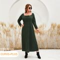 Women Plus Size Elegant Sweetheart Collar Bowknot Design Long-sleeve Dress Army green image 1