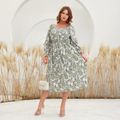 Women Plus Size Vacation Floral Print Square Neck Smocked Long-sleeve Dress Light Green