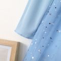 Kid Girl Ruffled Round-collar Stars Glitter Design Mesh Long-sleeve Dress Blue