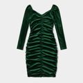 Dark Green Velvet Off Shoulder Long-sleeve Ruched Bodycon Dress for Mom and Me Dark Green