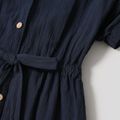 Family Matching Dark Blue 100% Cotton Crepe Short-sleeve Shirt Dresses and Striped Polo Shirts Sets Royal Blue
