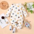 100% Cotton Crepe Baby Boy/Girl All Over Cartoon Bear Print Long-sleeve Jumpsuit White image 3