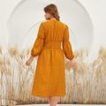 Women Plus Size Elegant V Neck Polka dots Long-sleeve Dress Yellow