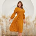 Women Plus Size Elegant V Neck Polka dots Long-sleeve Dress Yellow