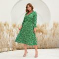 Women Plus Size Elegant Floral Print Ruffled V Neck Long-sleeve Dress Green