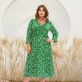 Women Plus Size Elegant Floral Print Ruffled V Neck Long-sleeve Dress Green