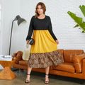 Women Plus Size Elegant Colorblock Leopard Print Tiered Long-sleeve Dress ColorBlock