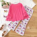 2-piece Kid Girl Butterfly Print Layered Long-sleeve Pink Top and Floral Print Flared Pants Set Pink