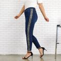 Women Plus Size Elegant Side Leopard Print Denim Jeans Deep Blue
