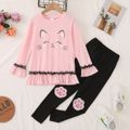 2-piece Kid Girl Cat Print Lace Ruffled Design Long-sleeve Pink Top and Paw Print Black Pants Set Pink