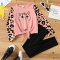 2-piece Kid Girl Cat Leopard Print Tie Knot Long-sleeve Tee and Black Pants Set Pink