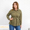 Women Plus Size Casual Lapel Collar Button Design Belted Coat Army green