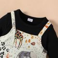 2pcs Baby Boy/Girl Black Long-sleeve Splicing Animal Print Faux-two Jumpsuit Set Black