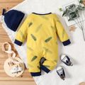 2pcs Baby Boy/Girl All Over Feather Print Yellow Waffle Long-sleeve Jumpsuit Set Multi-color