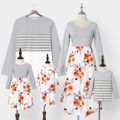 Family Matching Grey Cotton Long-sleeve Floral Splicing Midi Dresses and Striped T-shirts Sets Grey image 1
