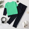 2-piece Kid Boy Letter Print Colorblock Raglan Sleeve Pullover Sweatshirt and Striped Pants Casual Set Green/White
