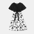 Family Matching Black Cross Wrap V Neck Ruffle Sleeve Splicing Floral Print Dresses and Short-sleeve Tops Sets BlackandWhite
