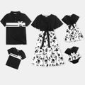 Family Matching Black Cross Wrap V Neck Ruffle Sleeve Splicing Floral Print Dresses and Short-sleeve Tops Sets BlackandWhite