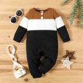 Baby Boy Colorblock Knitted Textured Long-sleeve Jumpsuit Black image 1