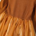 Toddler Girl Waffle Floral Print Mesh Design Splice Long-sleeve Dress Brown