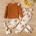 2-piece Toddler Girl Ruffled Letter Print Long-sleeve Ribbed Top and Floral Print Paperbag Pants Set Brown