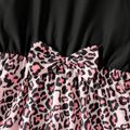 Kid Girl Bowknot Design Leopard Print Splice Long-sleeve Dress Light Pink