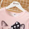 Kid Girl Animal Cat Bowknot Print Long-sleeve Pink Tee Pink