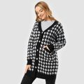 Maternity Houndstooth Print Dual Pocket Button Through Knit Sweater Black