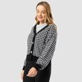 Houndstooth Print Button Up Knit Sweater Black