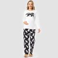 Maternity Bear Print Long-sleeve Tee and Pants Pajamas Lounge Set White