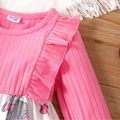Baby Girl Pink Ribbed Ruffled Long-sleeve Splicing Cartoon Elephant Print Dress PinkyWhite