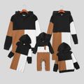 100% Cotton Family Matching Colorblock Ribbed Long-sleeve Hoodie Dresses and Tops Sets Black