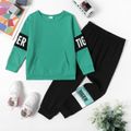 2-piece Kid Boy Letter Print Colorblock Pullover Sweatshirt and Black Pants Set aquagreen