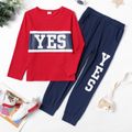 2-piece Kid Boy Letter Print Long-sleeve Red Tee and Dark Blue Elasticized Pants Set Red